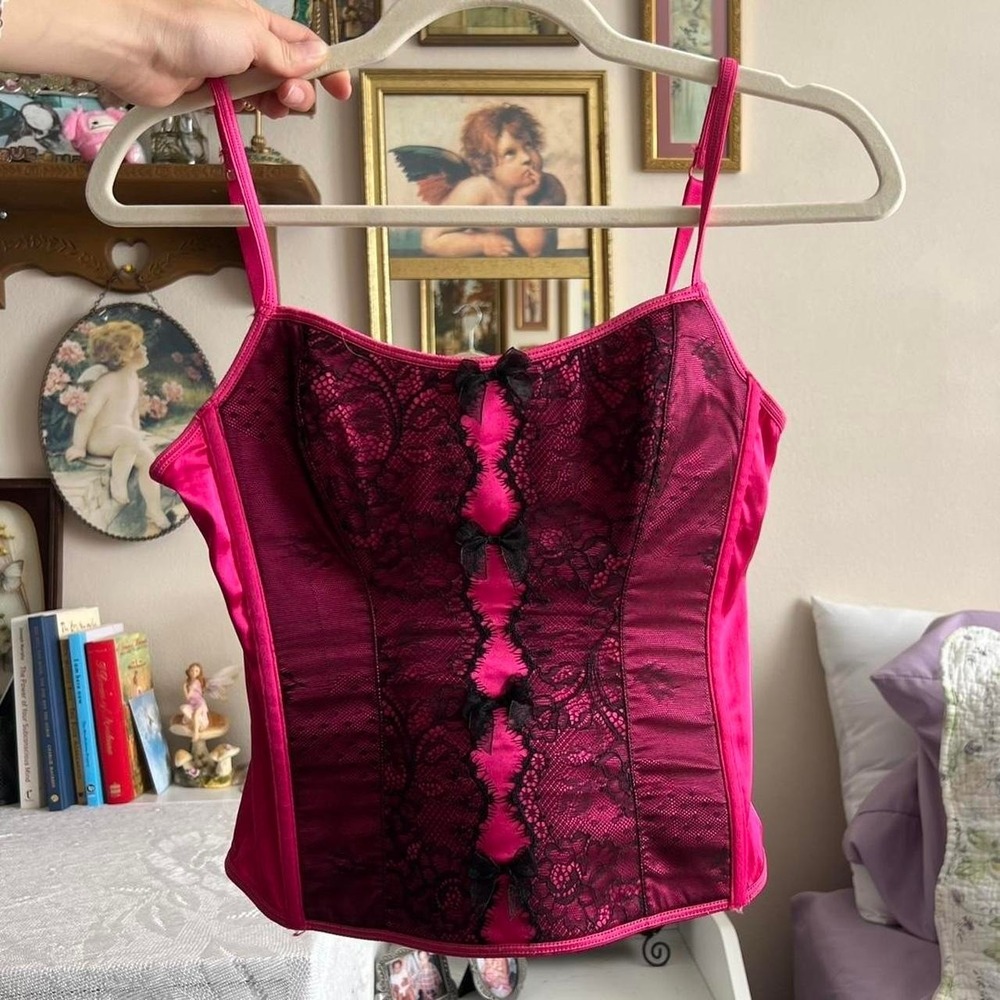 2000s y2k victoria secret hot pink and black lace corset tank top size medium - Picture 3 of 5